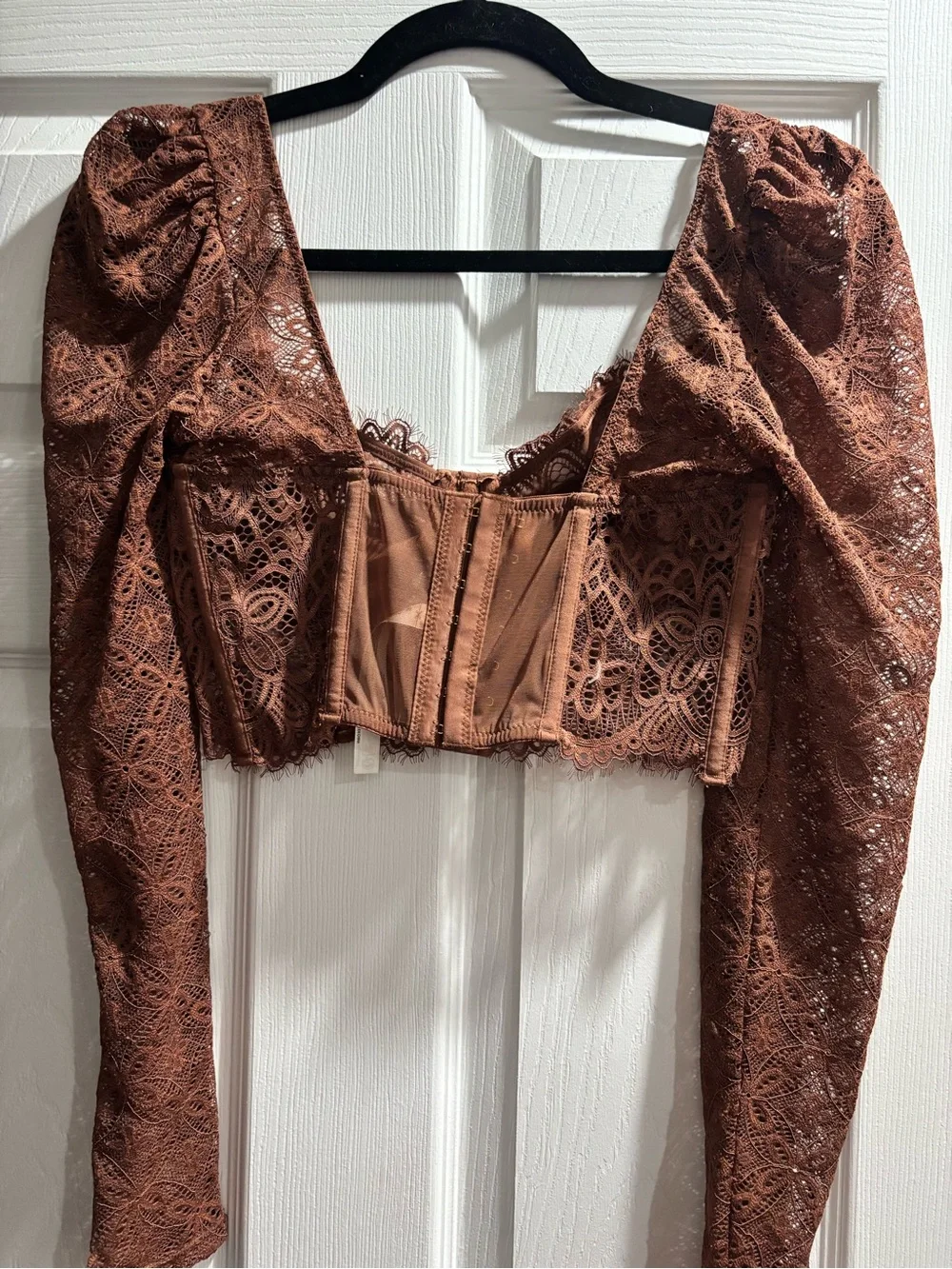 Free People Cropped Lace Long Sleeve Top in Rust Brown